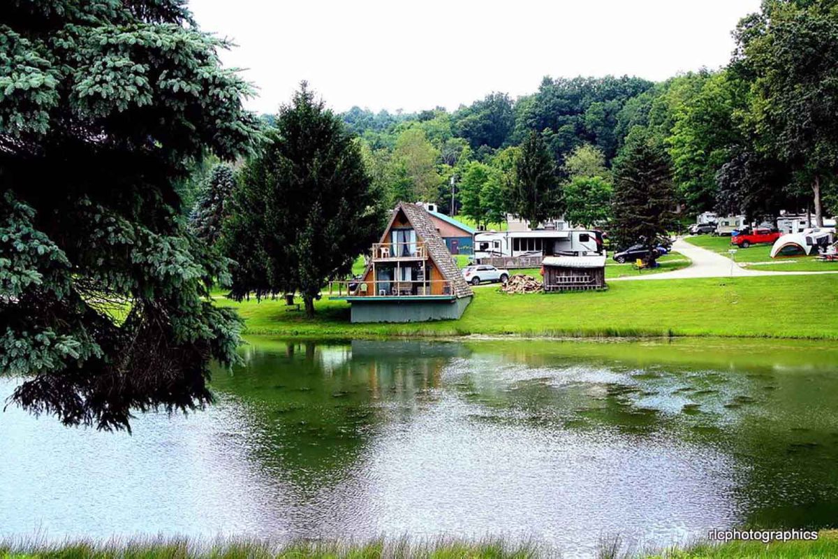 A-frame cabin on campground lakeside