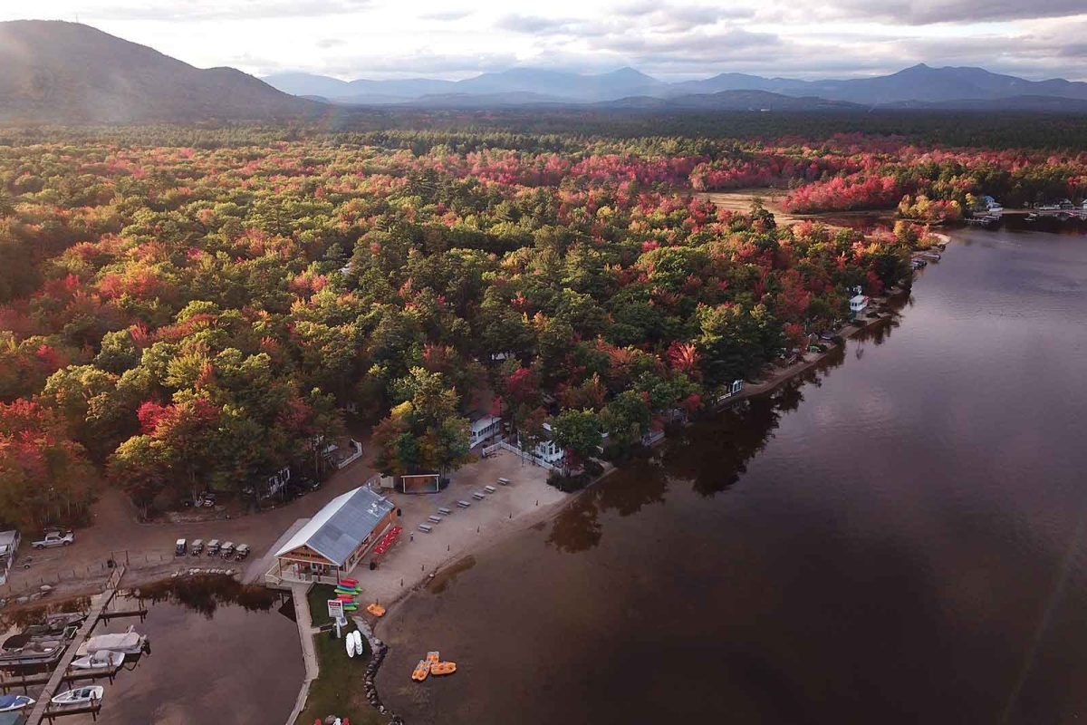 aerial view of campground during Halloween time, changing leaves on trees