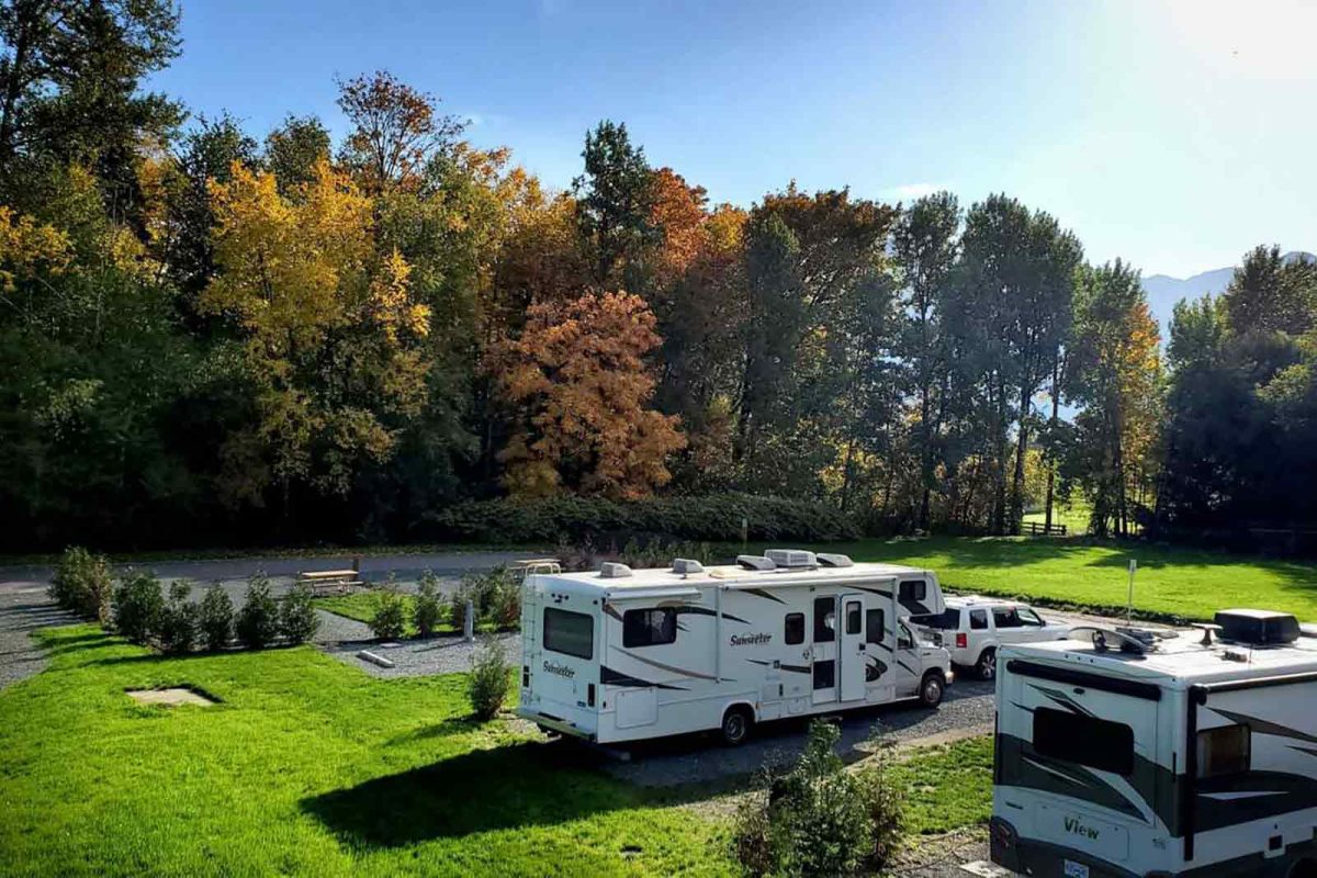 RVs parked in RV sites with fall foliage in the background 