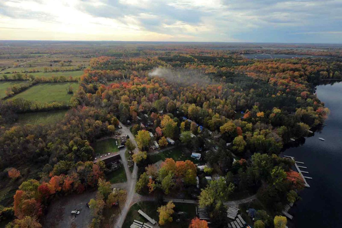 An aerial shot of Waterways RV Resort, one of the best places to see fall foliage 