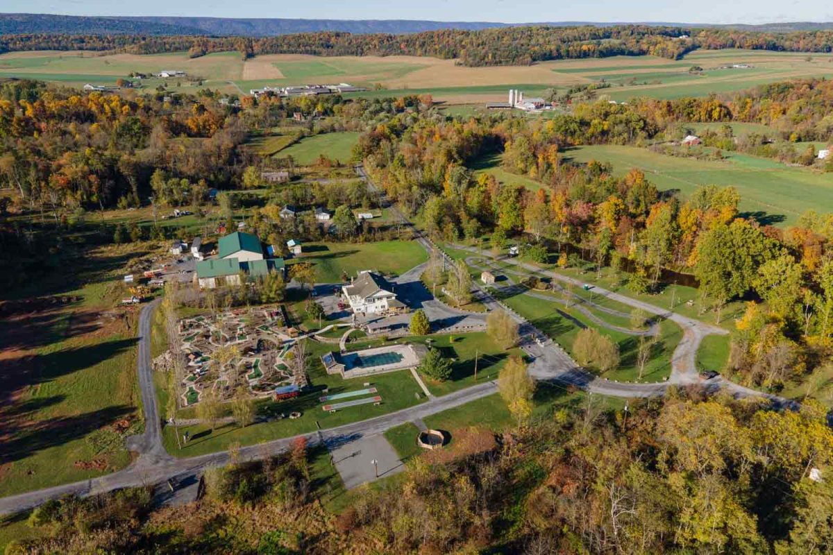 An aerial shot of the campground and surrounding lands at Paradise Stream Family Campground