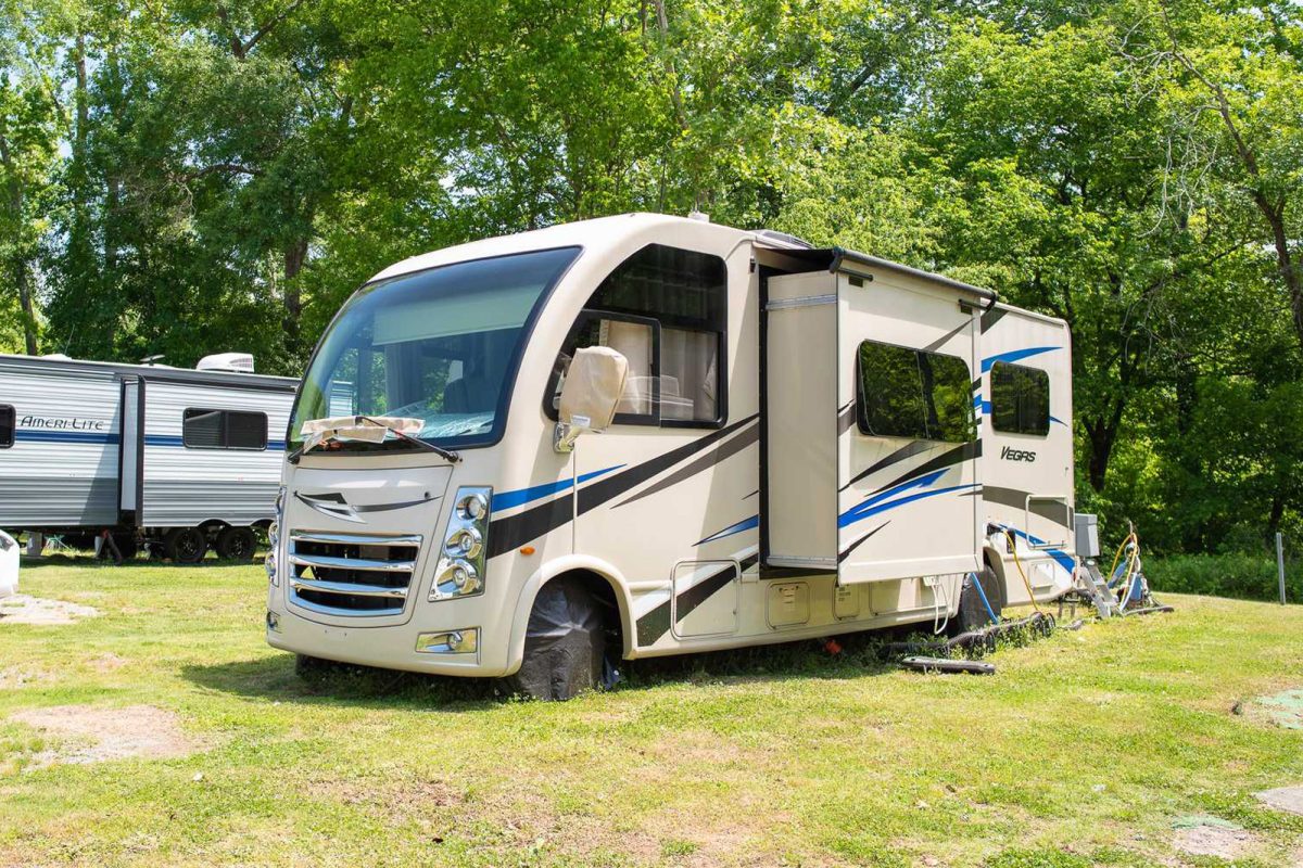 RV parked at Sweetwater Creek RV Campground near NFL stadium