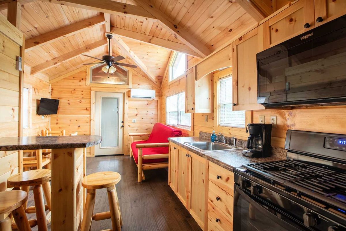 The interior of a kitchen in a cabin  