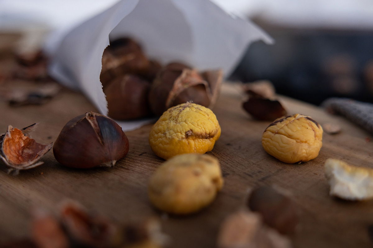 roasted chestnuts on cutting board