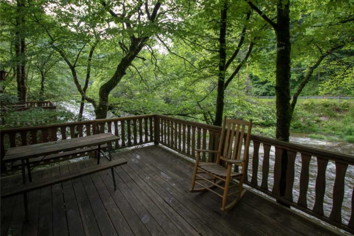 campground near Galtinburg TN with rushing river outside of cabin balcony