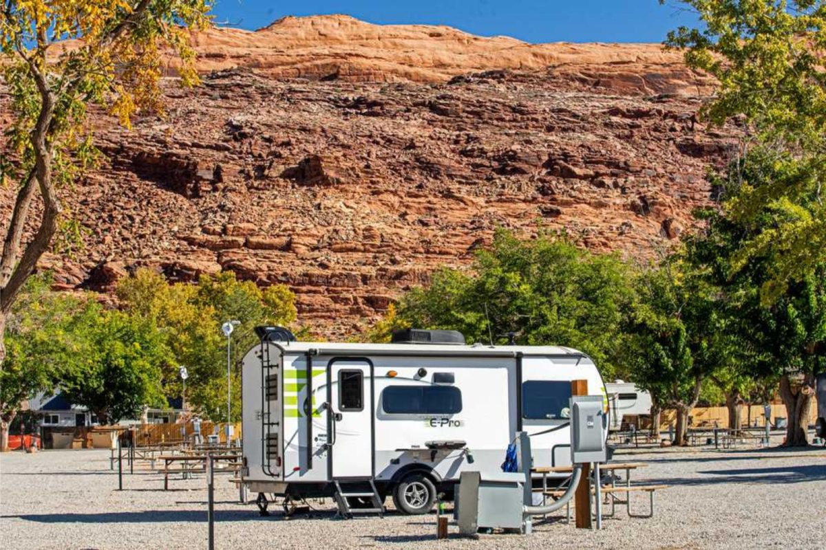 RV parked at one of the best places to camp, surrounded by rock canyons