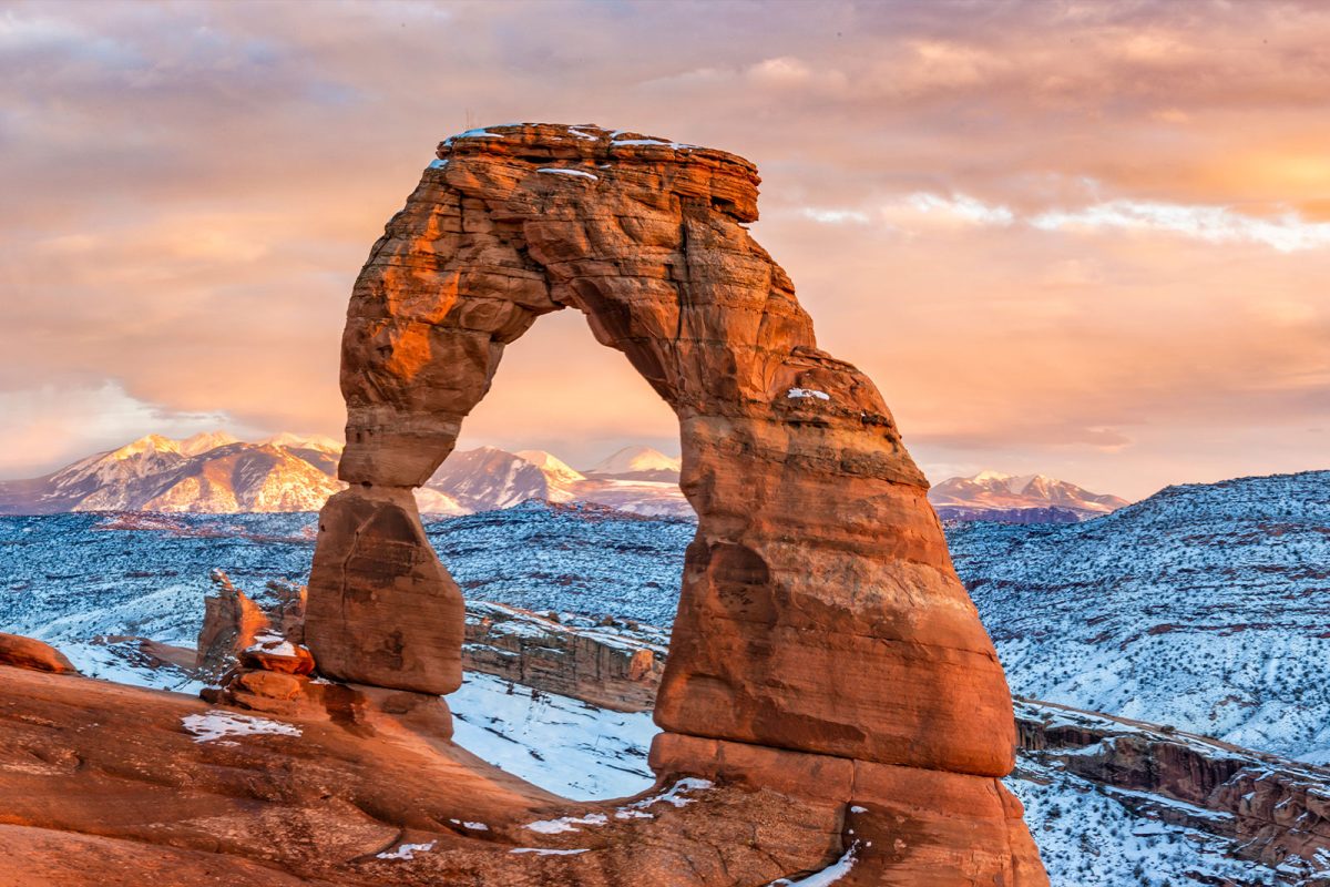 big arch at Arches National Park during the winter, one of the best places to camp