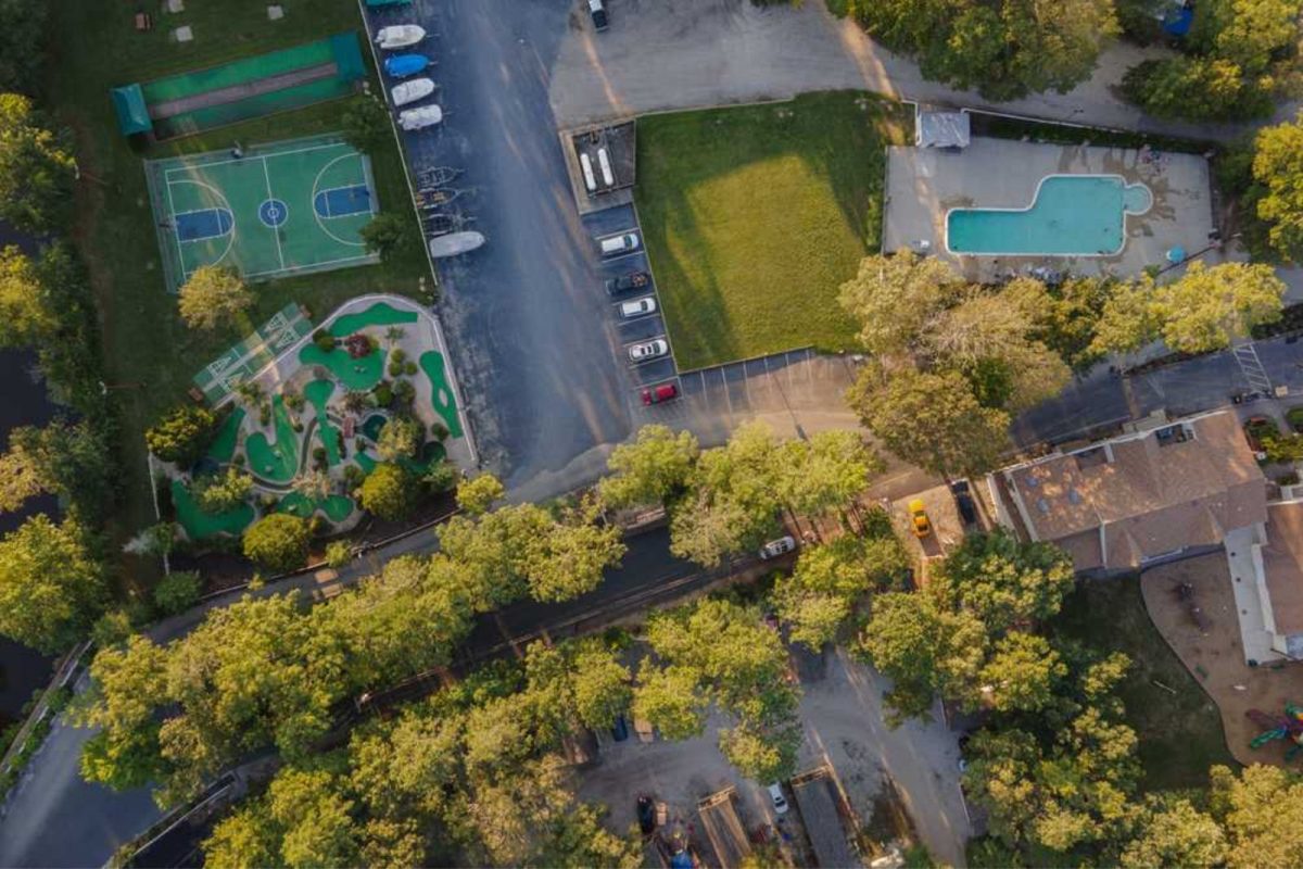 aerial view of campground near Cape May with swimming pool and putty green