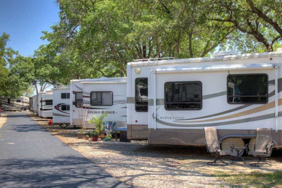 row of RVs parked at Texas campground