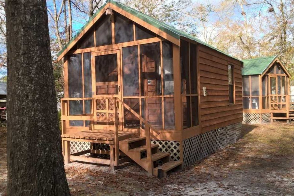 wooden a-frame cabin at campground near Jacksonville, Florida