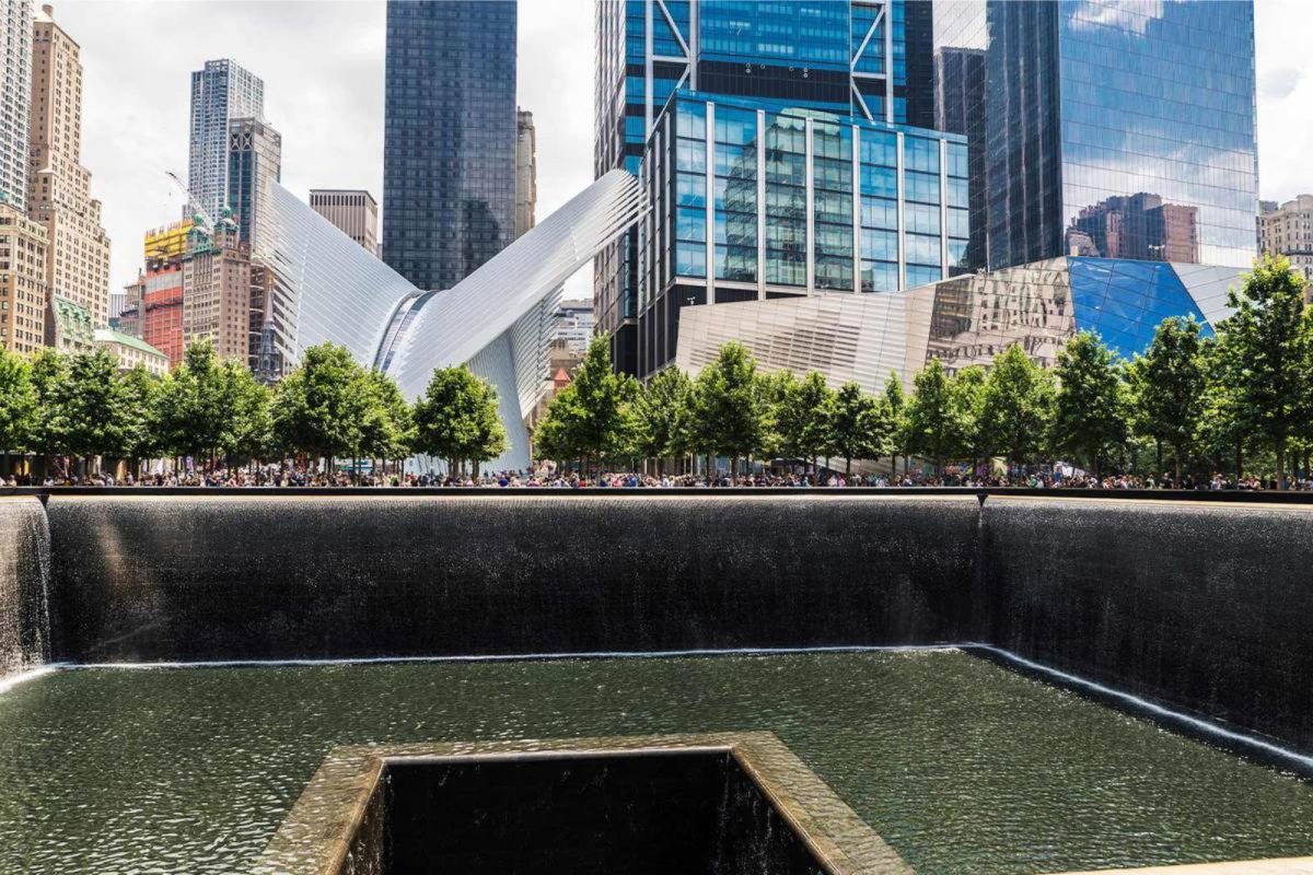 fountain and buildings at National 9/11 Memorial & Museum in NYC