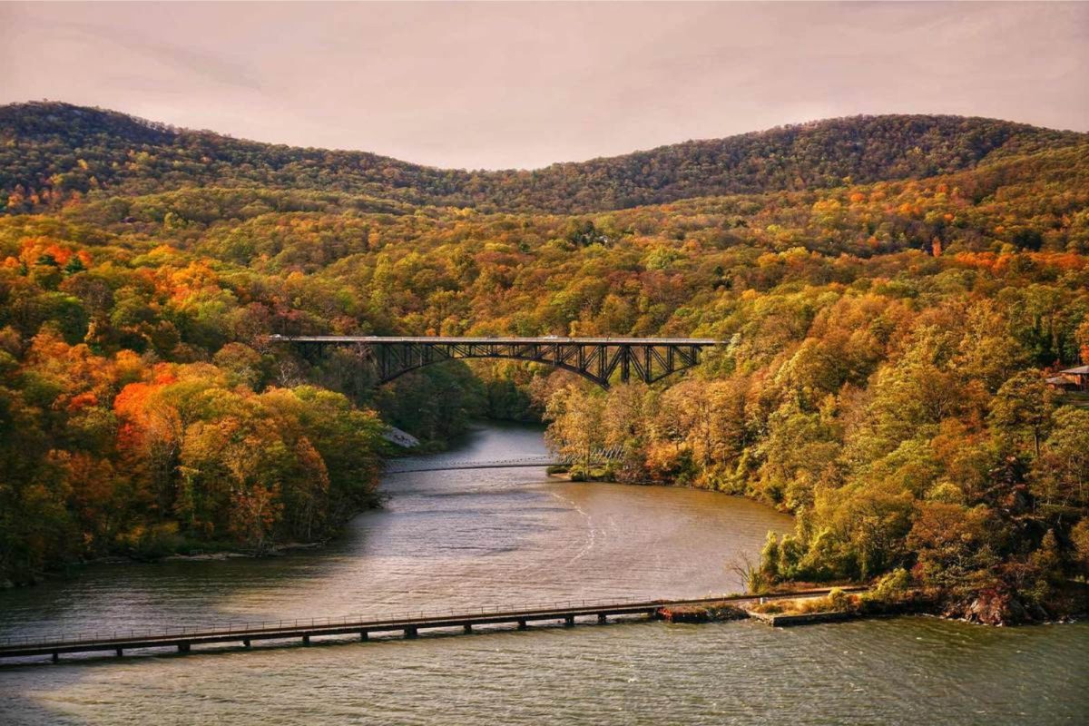 view of bridge at Bear Mountain State Park during fall, fall leaves