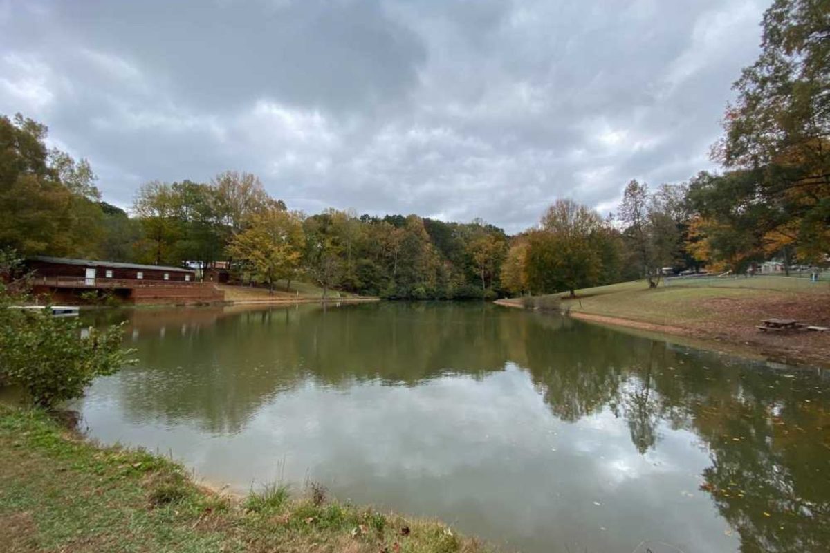 lake surrounded by trees and cloudy sky at campground near Concord, NC