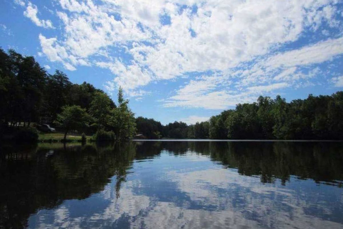 lake and trees at campground near Durham, NC with sky reflected in lake