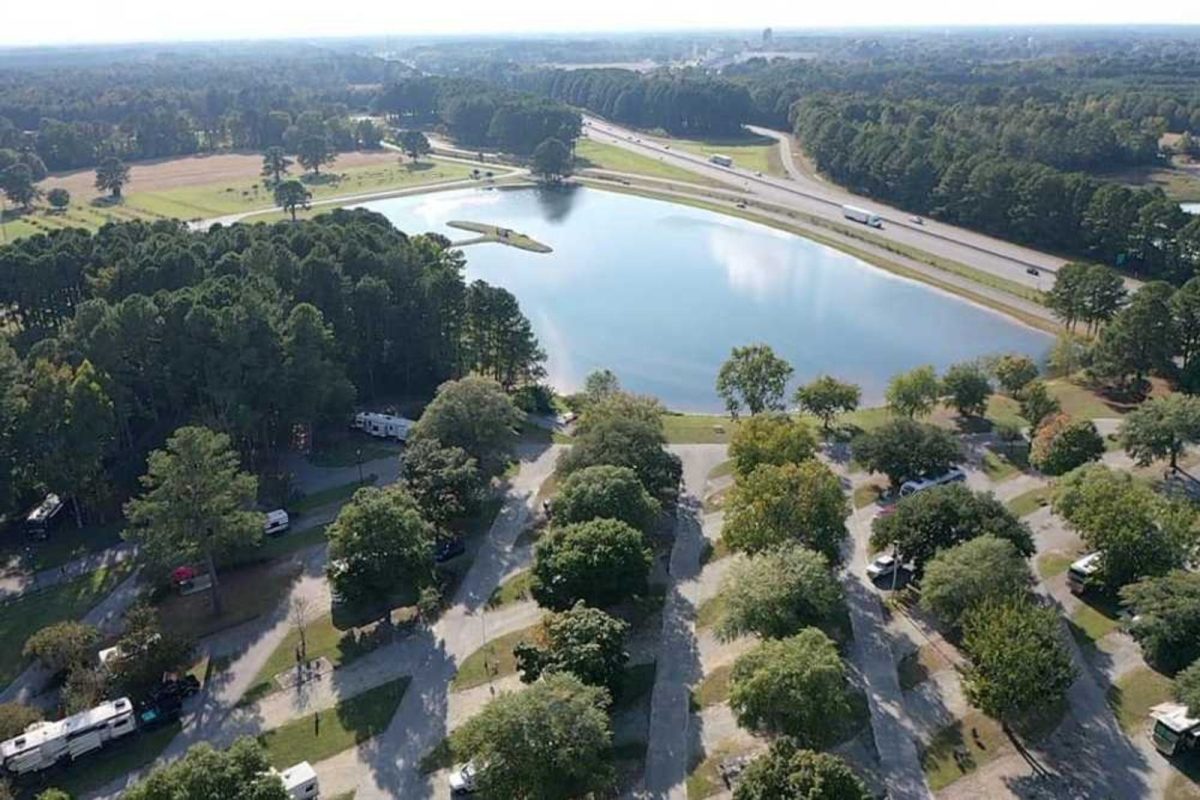 aerial view of North Carolina campground with lake and trees