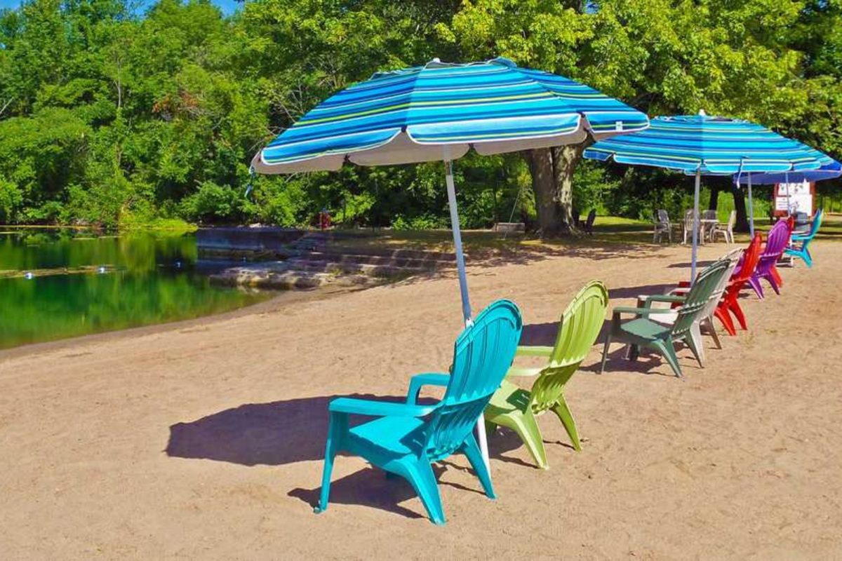 beach chairs and umbrellas set up by lake at campground near Rochester, NY