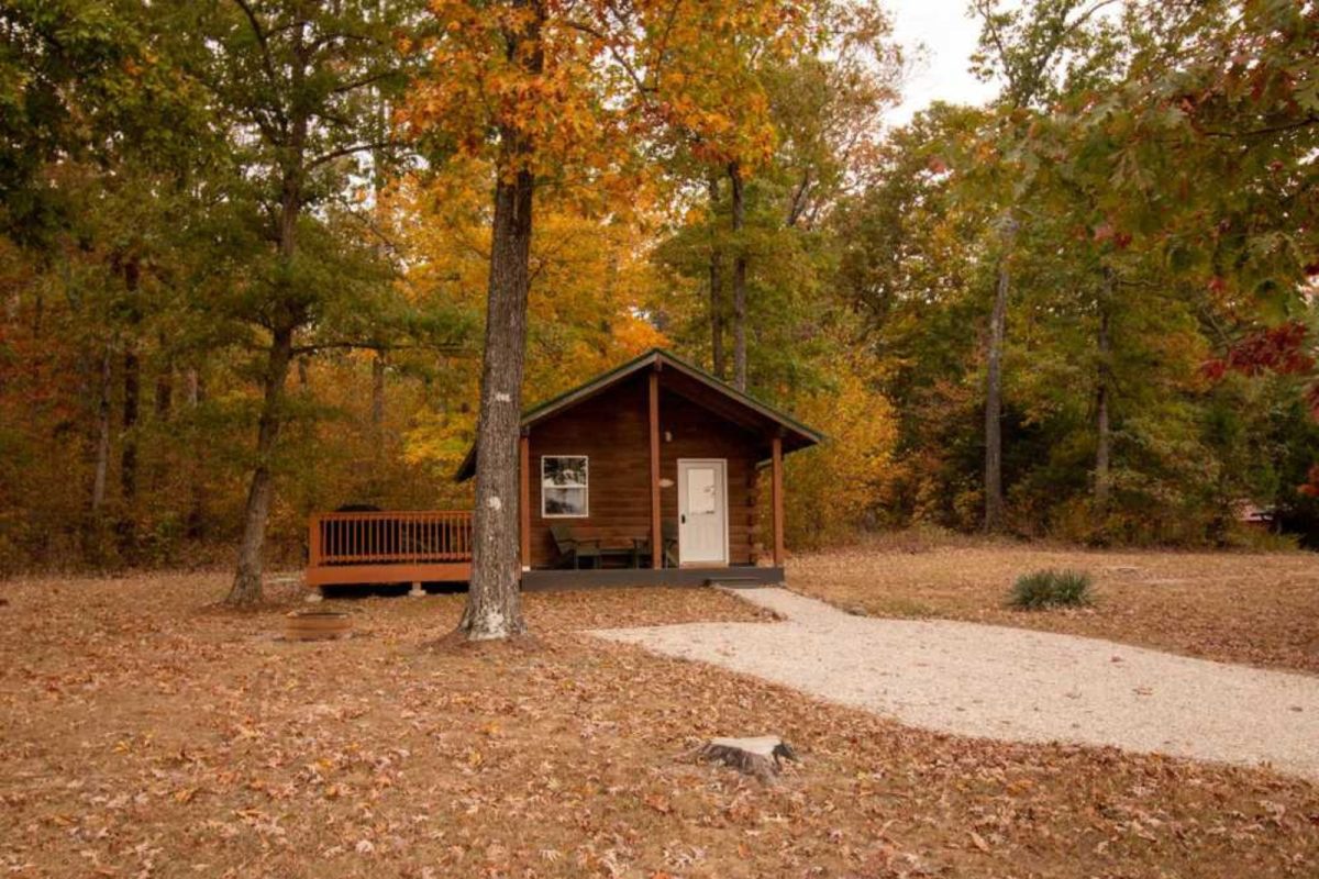 wood cabin and porch nestled among trees surrounded by fallen leaves at campground