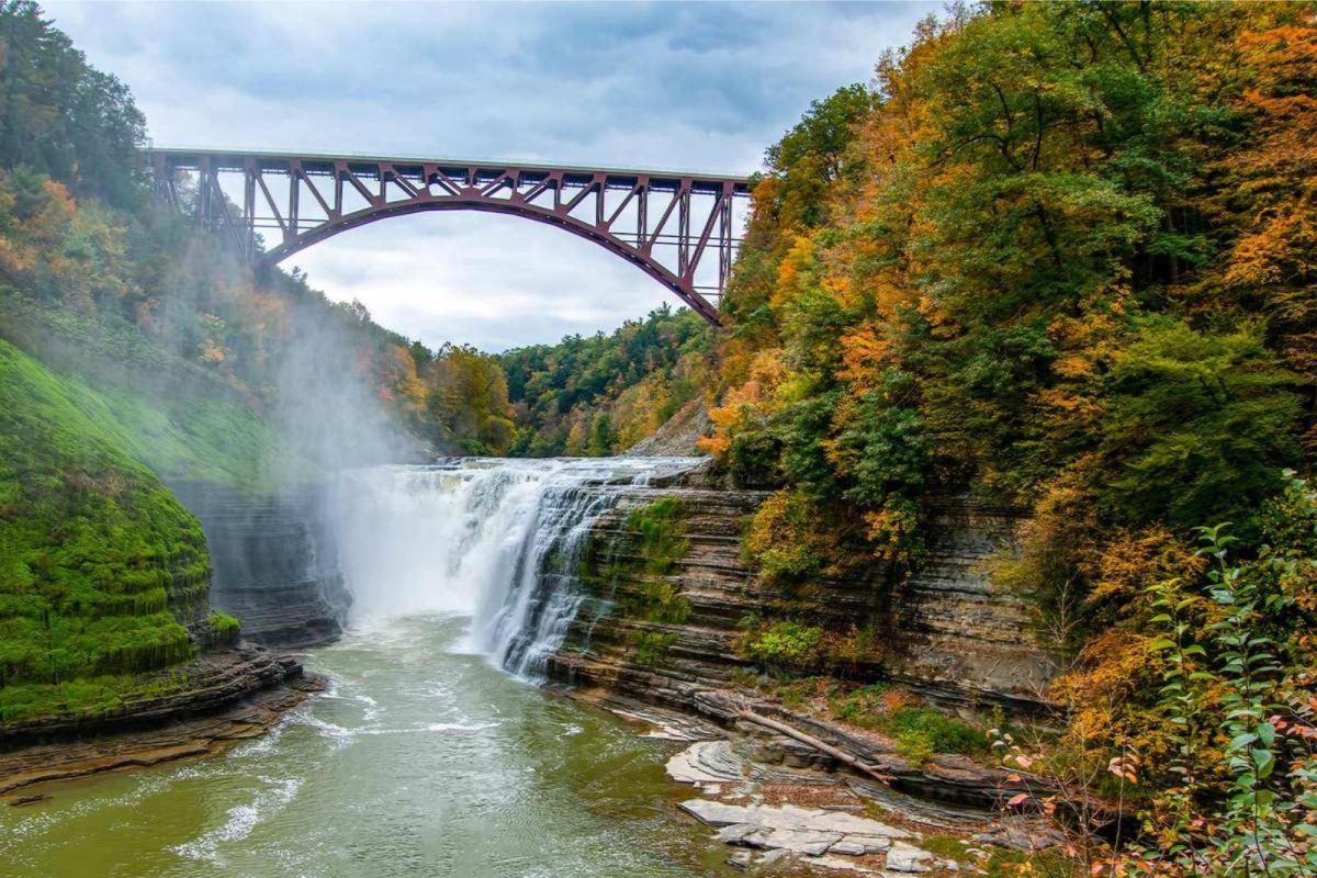 bridge over waterfall at Letchworth State Park