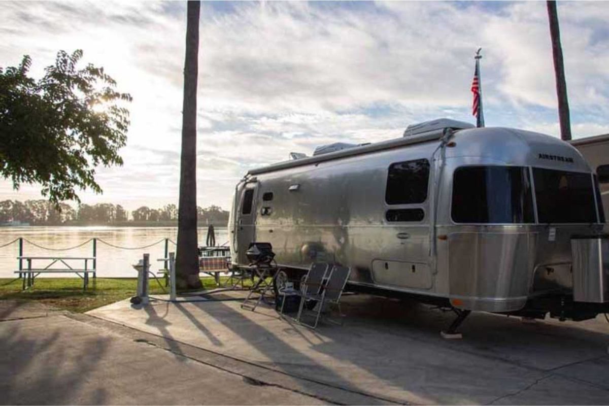 RV parked at campground near water on day trip from San Francisco