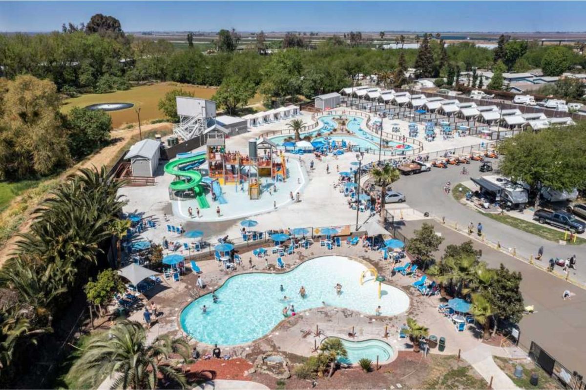 aerial view of pool and water park at campground