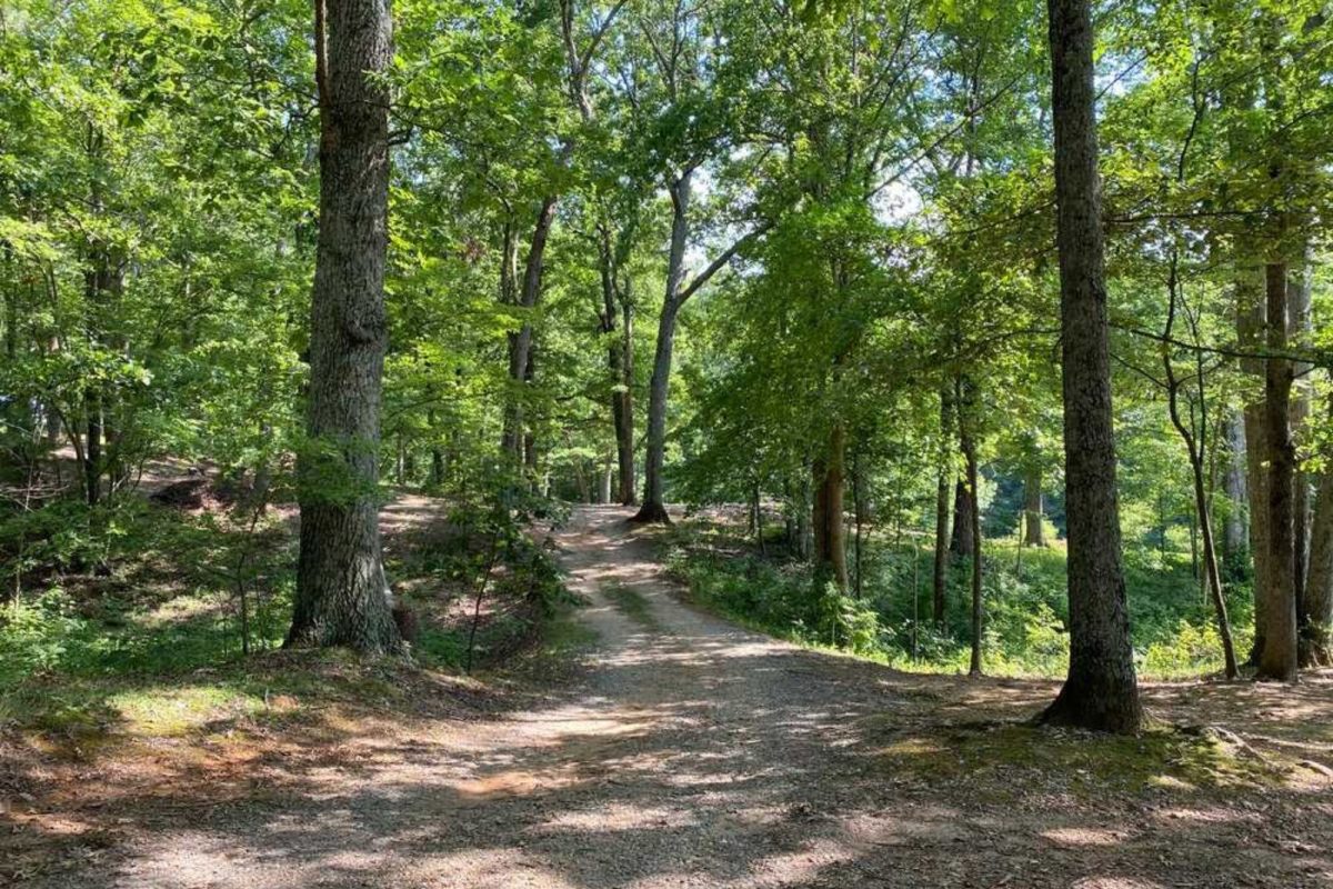 trail through green trees of wooded campground near Winston-Salem