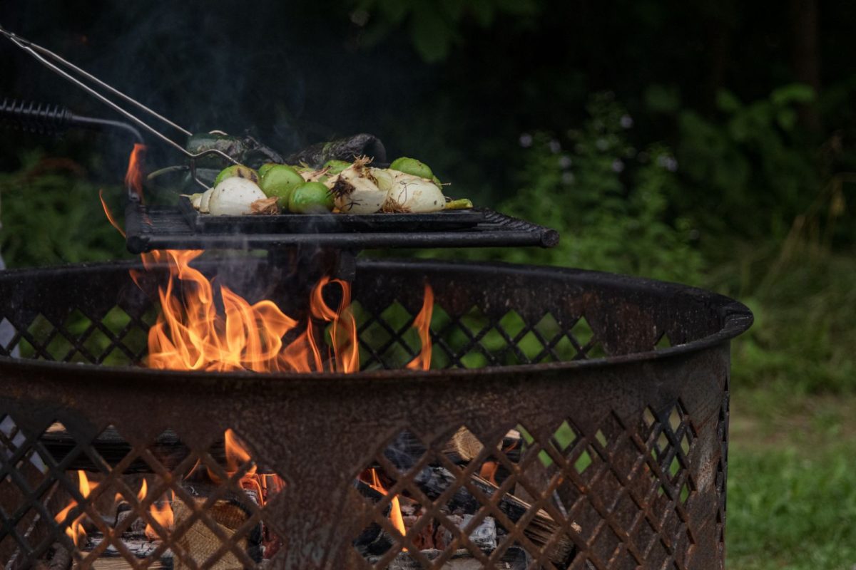 Grilled vegetables cook over open flames 