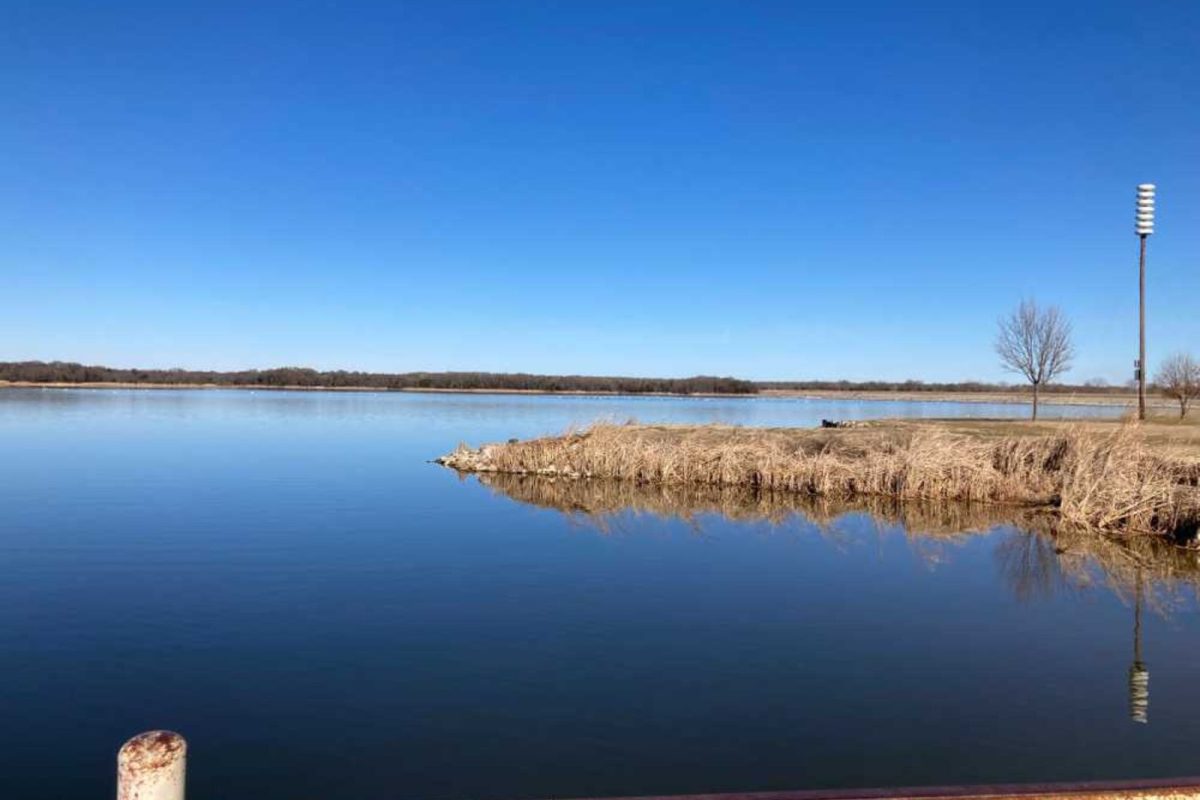 The blue waters and shoreline of Lake Bonham Recreation area 