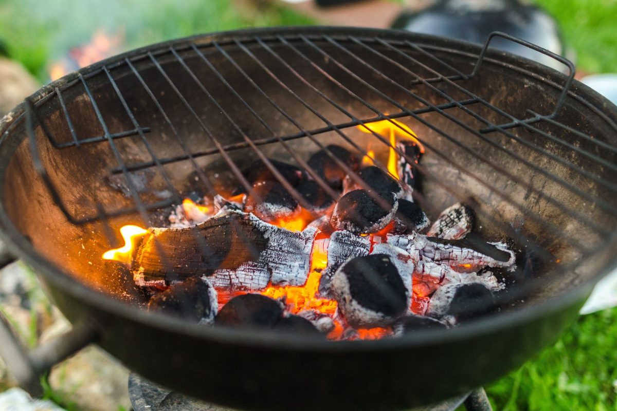 Charcoal burns in a round grill 