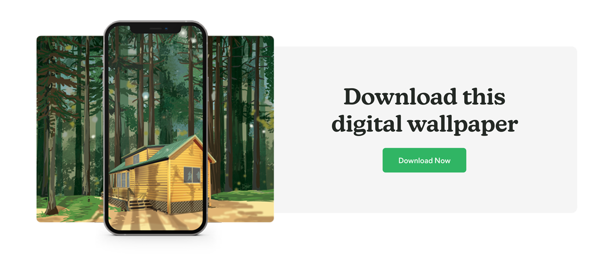 A digital wallpaper of a cabin in the redwoods. 