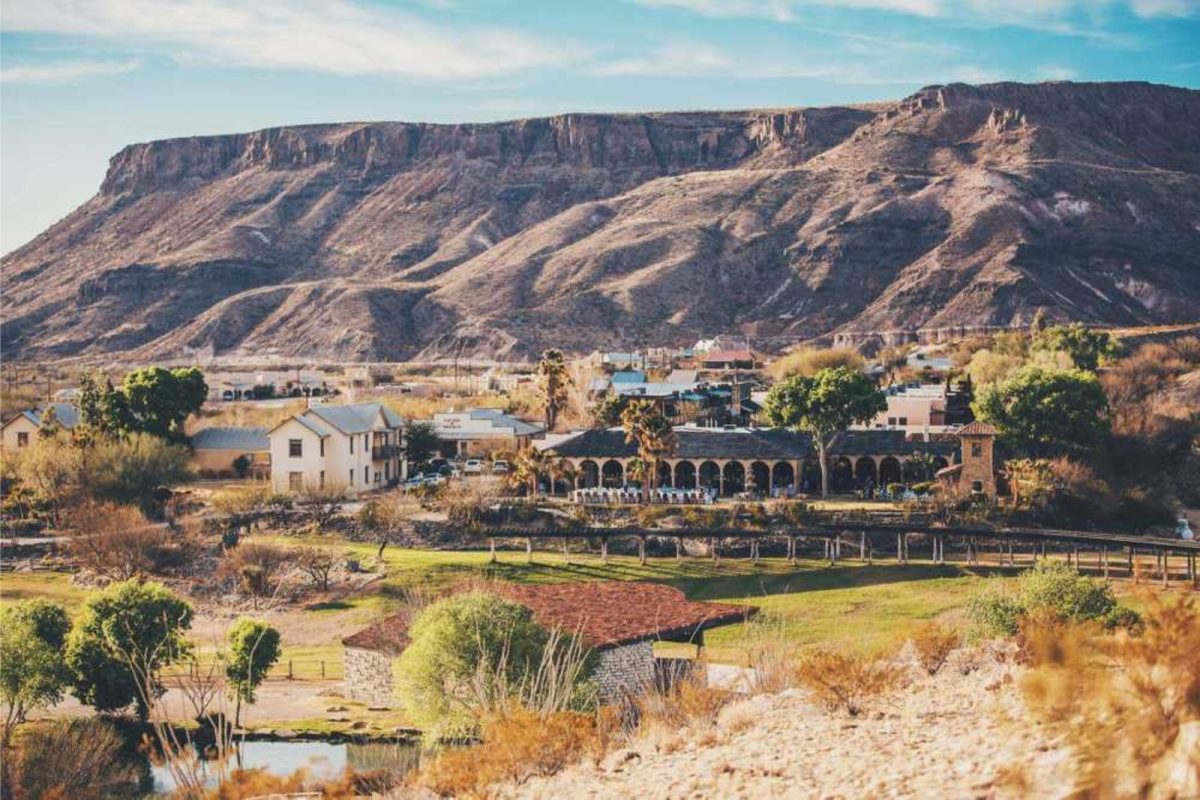 An aerial view of the mountains surrounding Maverick Ranch RV Park, a popular fall camping destination on Campspot