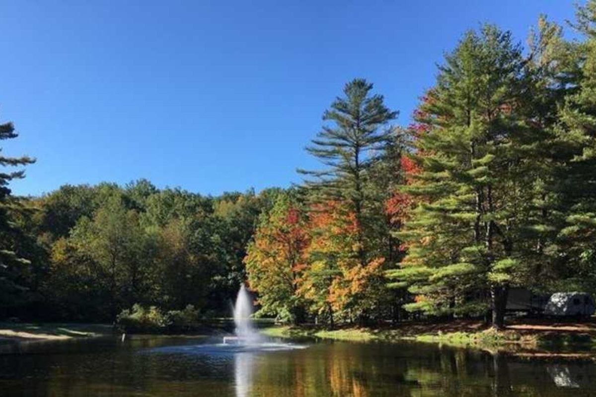 lake with a fountain in the middle, surrounded by large trees with changing fall leaves