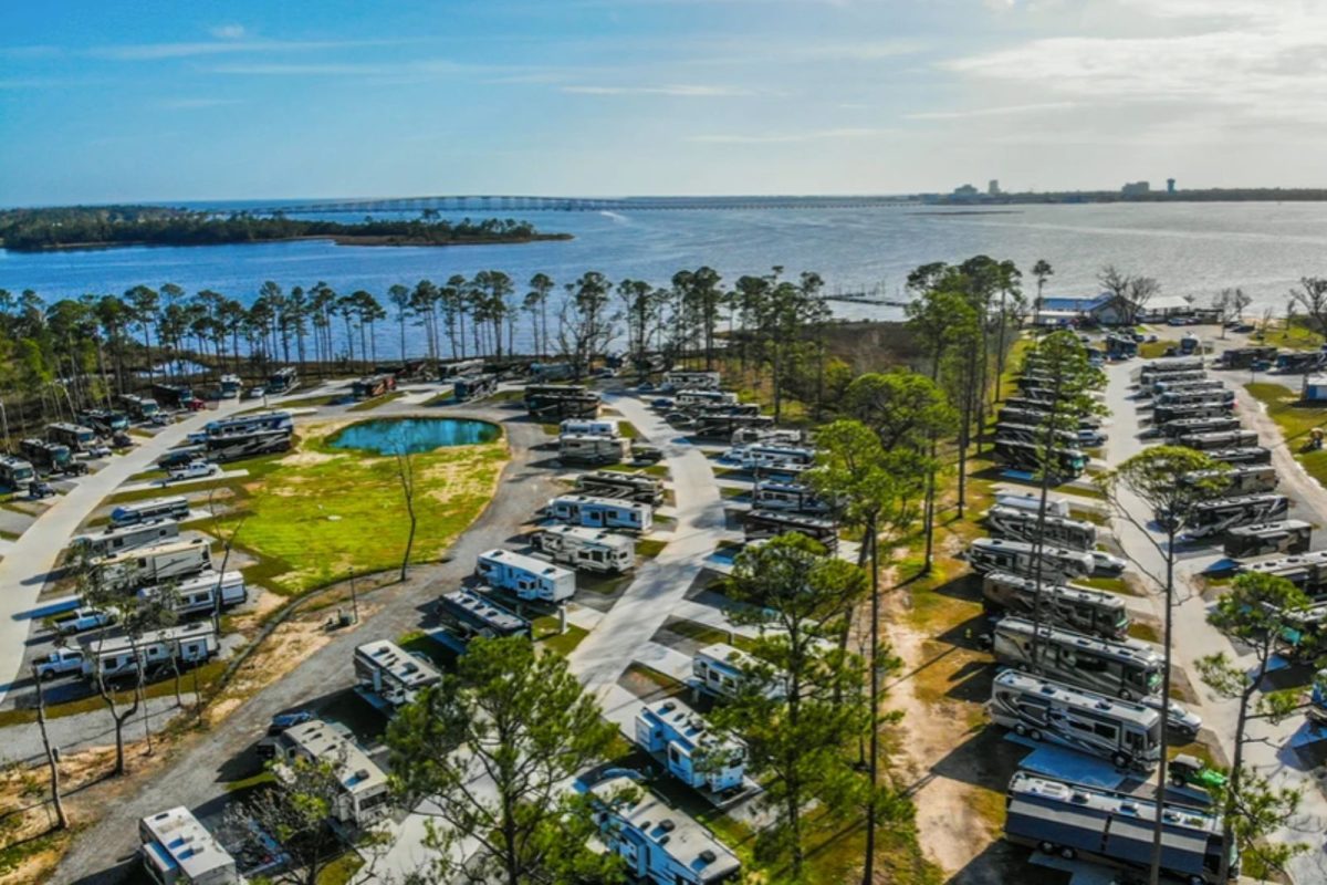 RVs parked by a marina at this winter camping destination