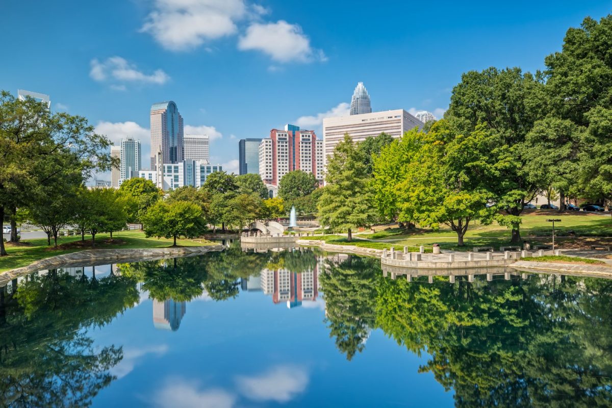 lake and building skyline at Charlotte, North Carolina, during spring break