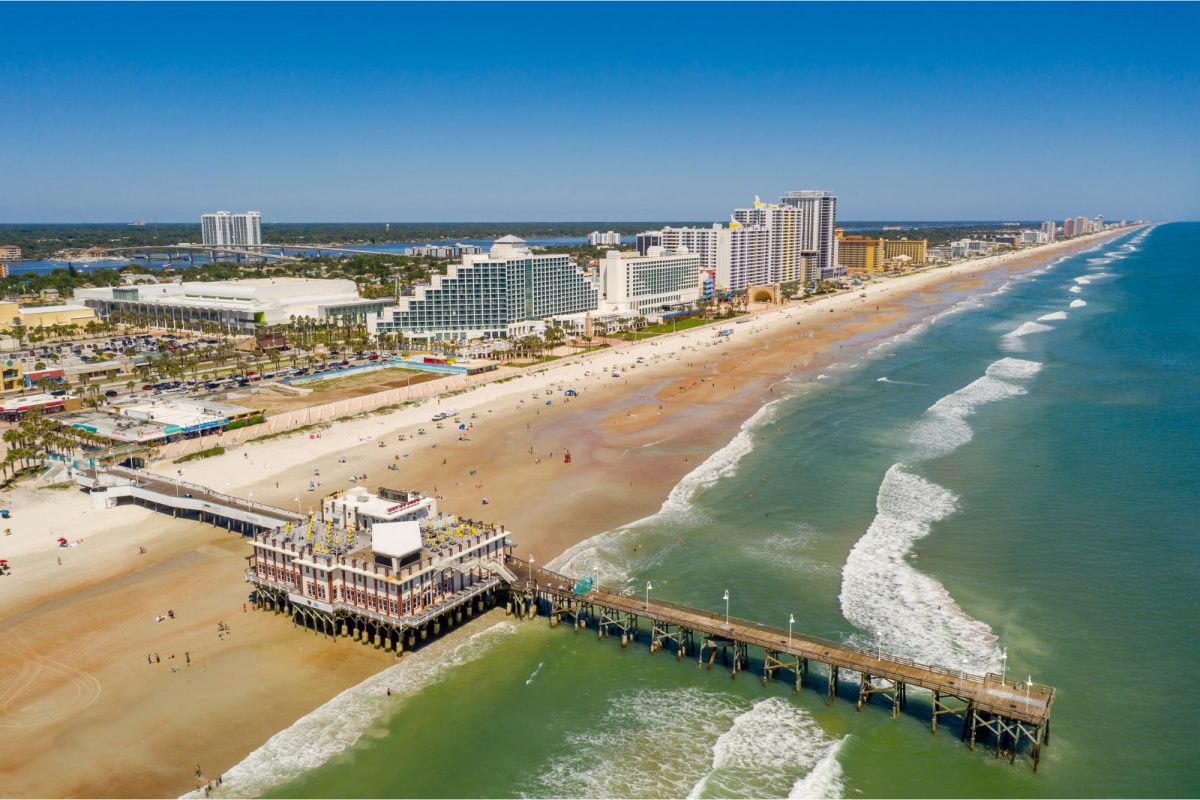 aerial view of pier at Daytona Beach, a Florida spring break camping destination