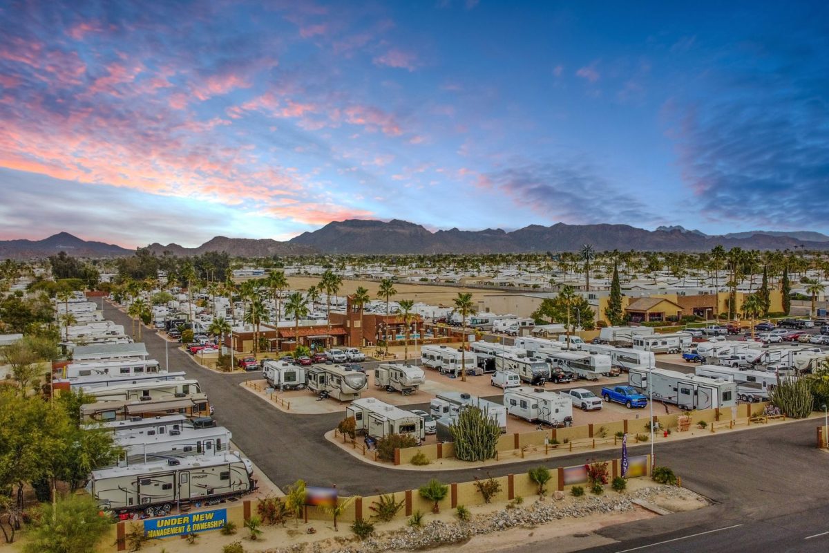 aerial view of Mesa Sunset RV Resort at sunset