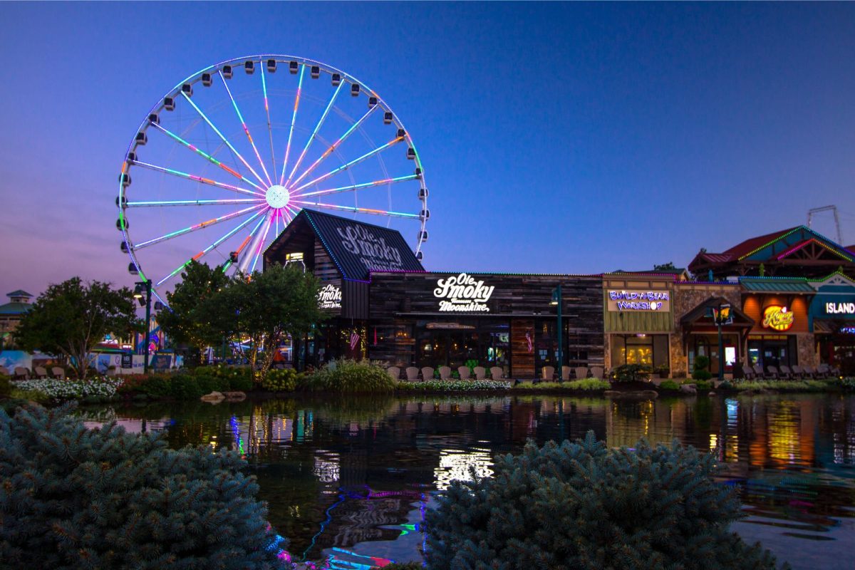 ferris wheel and shops at The Island in Pigeon Forge, a stop during Pigeon Forge itinerary