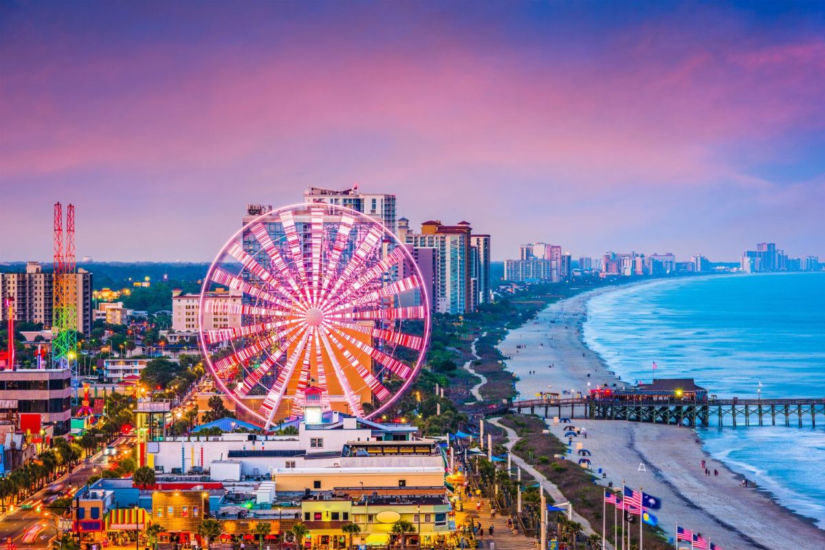 bright ferris wheel and city lights on Myrtle Beach, top spring break camping destination