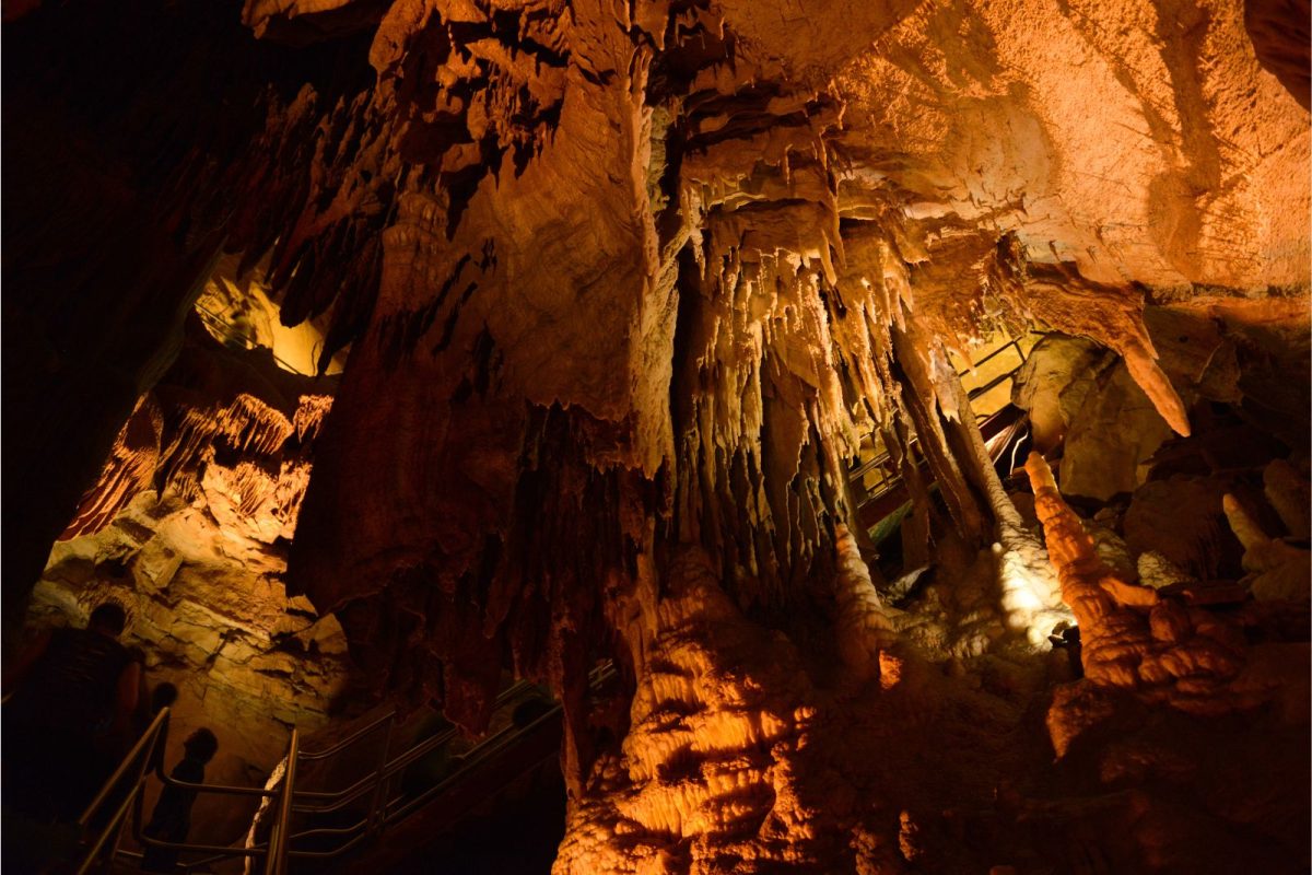 people looking up at formations inside a large cave at Mammoth Cave National Park, a trending national park