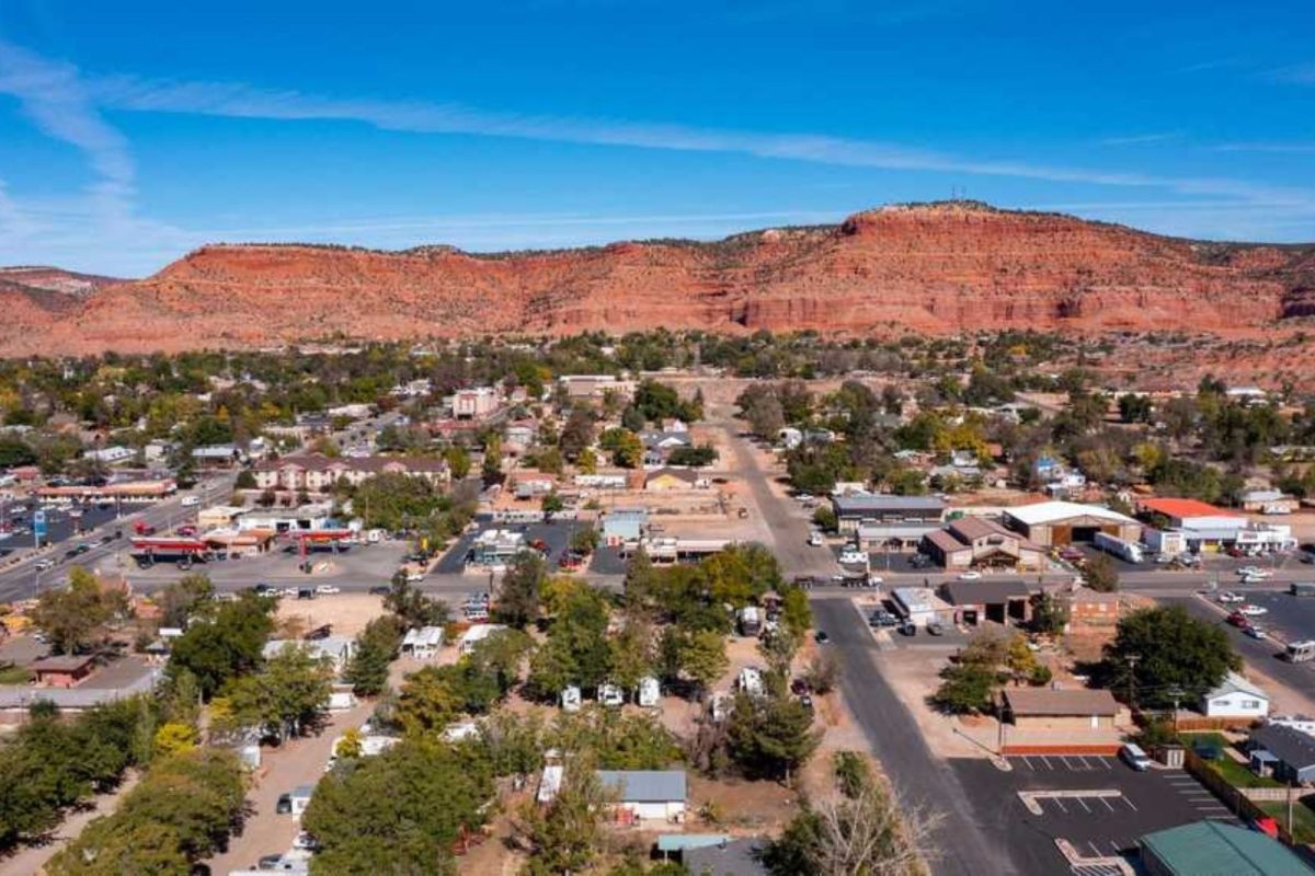 RV park and streets with desert mountains in the back