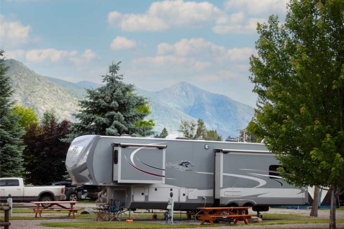 RV parked with Montana mountains in the background