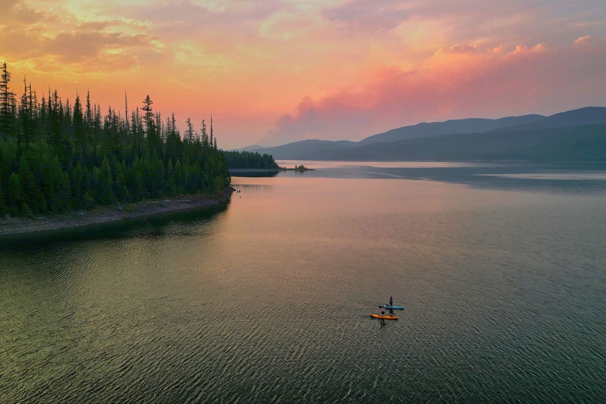 two people kayaking on Hungry Horse reservoir