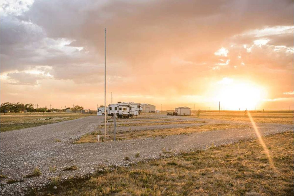 RV parked at Lubbock RV campground at sunset