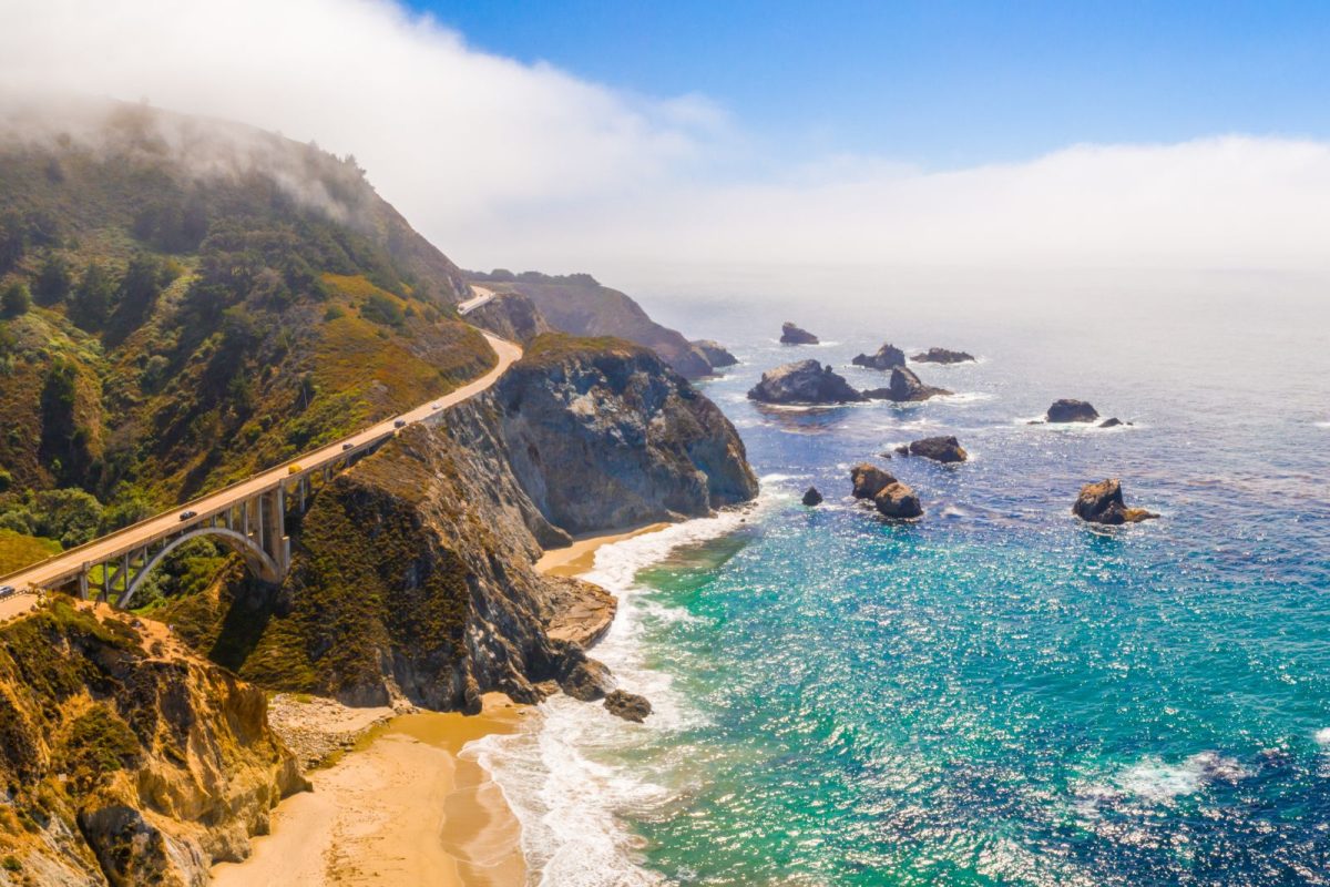 aerial view of Bixby Bridge in Big Sur on Pacific Coast Highway road trip itinerary