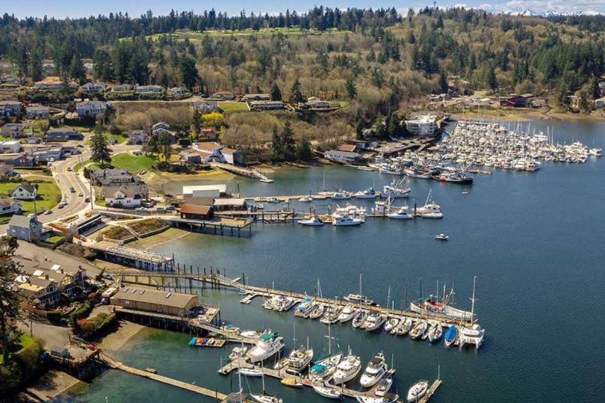 aerial view of boats docked at Sun Outdoors Gig Harbor, where to camp in Seattle on Pacific Coast Highway road trip itinerary