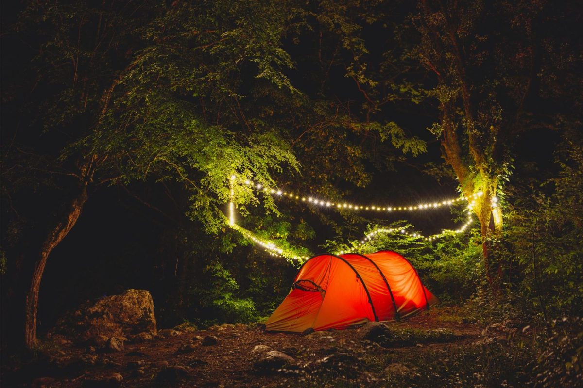 relaxing lighting strung around tent camper