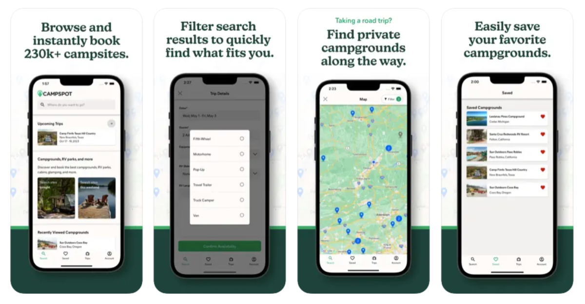 four screenshots of Campspot mobile app on iOS to book a last-minute camping trip under $300