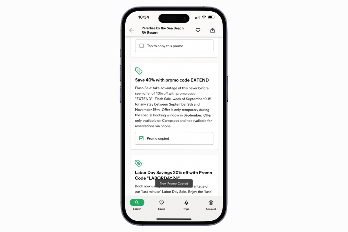 screenshot of camping promo being copied on iPhone, in order to book a last-minute getaway for under $300