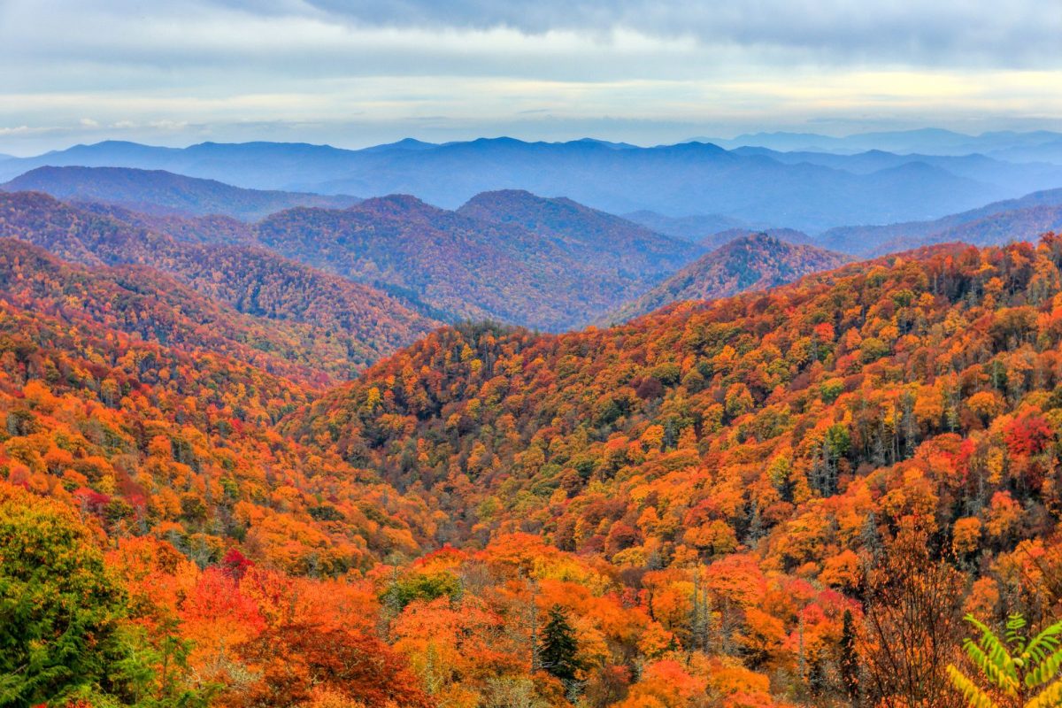 Great Smoky Mountains National Park full of fall colors from aerial view for fall camping