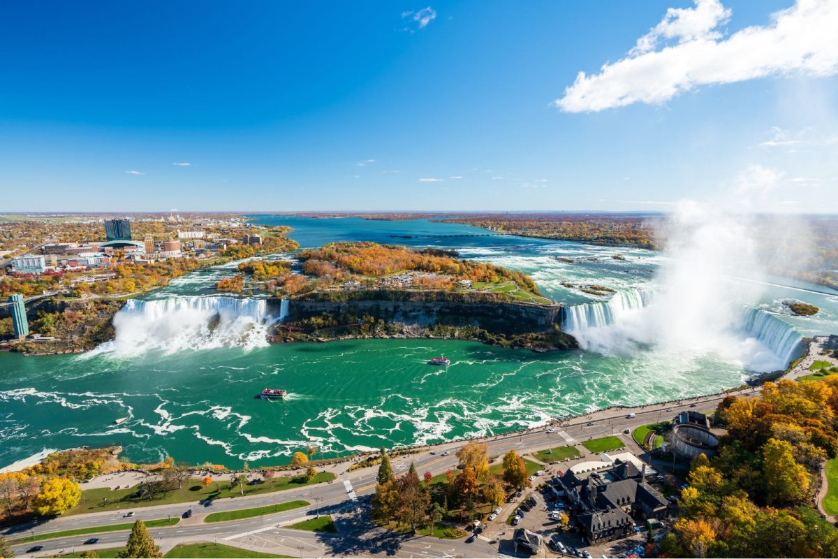 Niagara Falls, American Falls, and Horseshoe Falls in autumn with boats