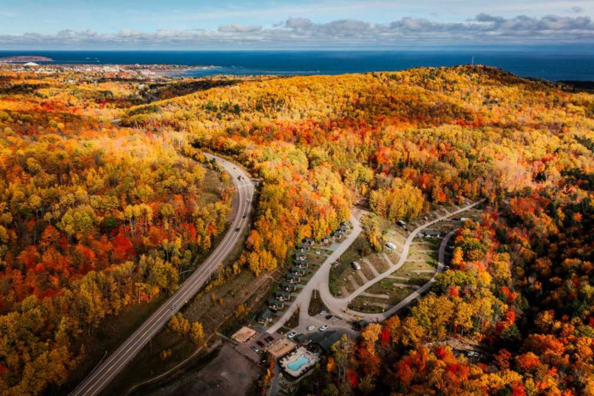 aerial view of golden fall colors at campground near Munising